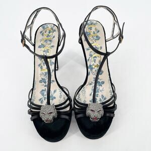 Gucci Black Velvet Elias Platform Sandals with Crystal Tiger Feline Head EU 40